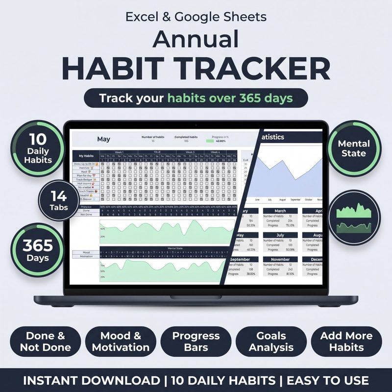 Excel habit tracker template showing the daily tracking grid with conditional formatting