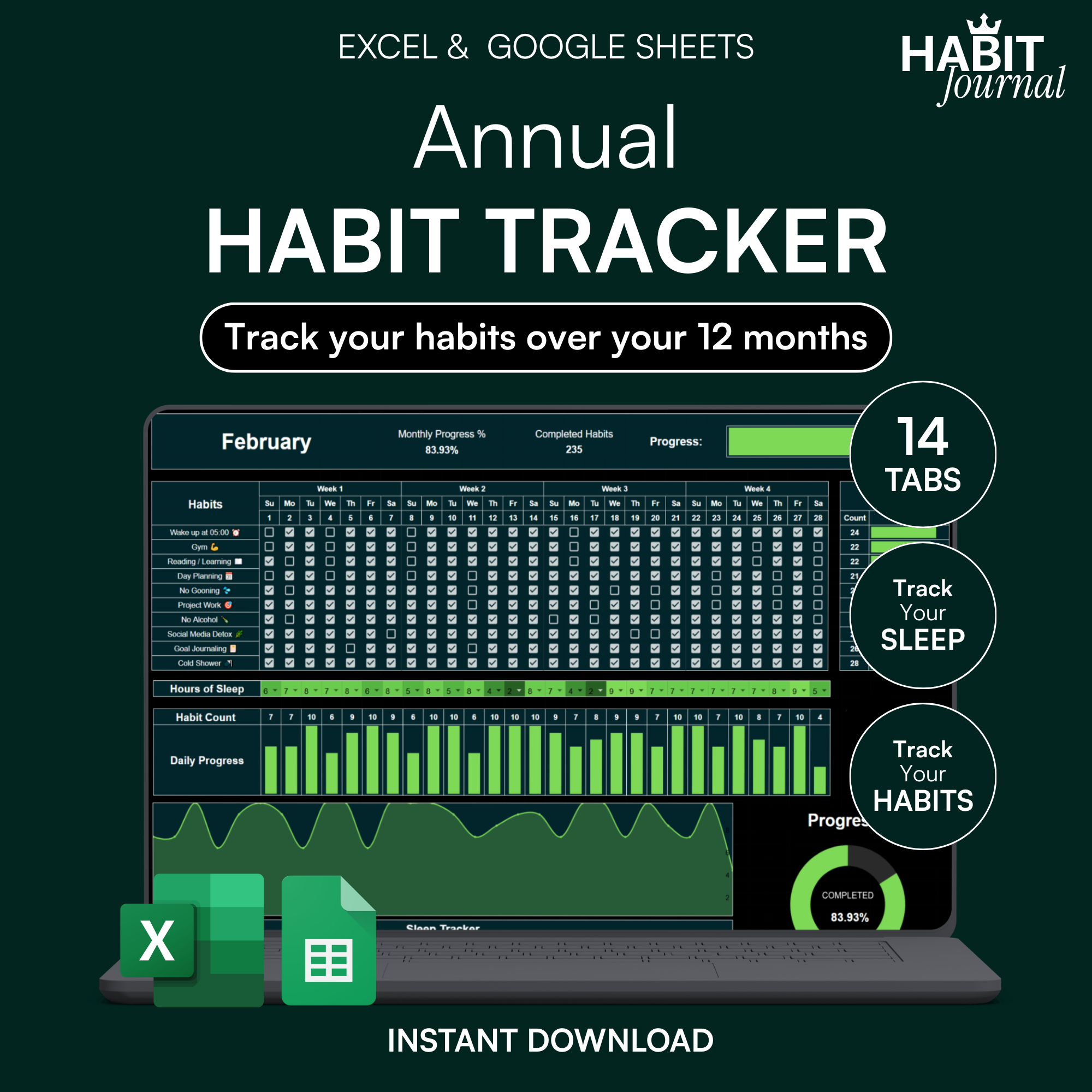 Habit Journal for Excel & Google Sheets